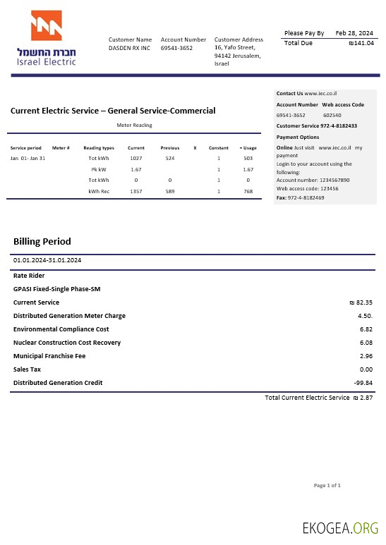 Modèle de facture de services publics d'Israel Electric Corporation aux formats Word et PDF